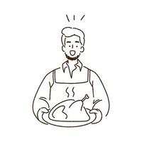 Young man holding a roast turkey, roast chicken, thanksgiving concept, hand-drawn style vector illustration.