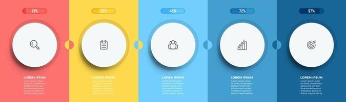 Rectangular elements for business process steps. Time line with 5 options, circle. Vector illustration.