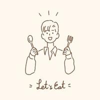 Young man holding spoon and fork with Let's Eat handwritten lettering, eating dining concept, hand-drawn style vector illustration.