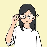 cute young girl lifted glasses up, hand drawn style vector illustration.