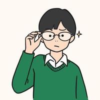 cute young boy lifted glasses up, hand drawn style vector illustration.