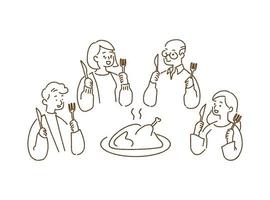 Happy family dinner with roast turkey, thanksgiving concept, hand-drawn style vector illustration.