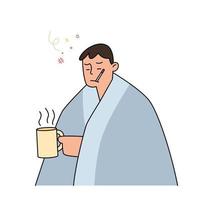 man with flu and cold under the blanket holding a hot tea and holding a thermometer in her mouth,  hand drawn style vector illustration.
