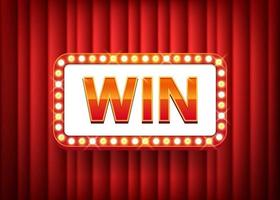 Win, text with electric bulbs frame on red curtain background. Vector illustration.eps