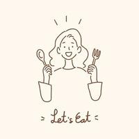 mujer joven con cuchara y tenedor con vamos a comer letras escritas a mano, comer concepto de comedor, ilustración de vector de estilo dibujado a mano.