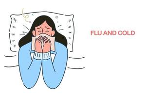 mujer enferma acostada en la cama con gripe y resfriado debajo de la manta, alergias infecciones estacionales, ilustración de vector de estilo dibujado a mano.