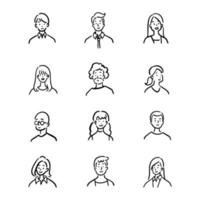 Doodle set of avatar office workers, cheerful people, hand-drawn icon style, character design, vector illustration.