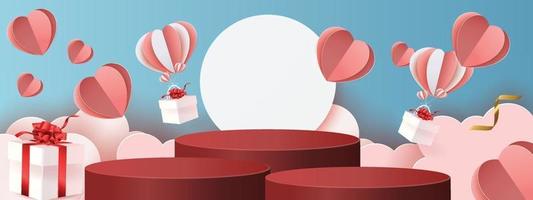 Fondo de producto rojo podio 3d para san valentín rosa y corazón amor romance concepto diseño vector illustation decoración banner