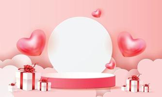 Fondo de producto rojo podio 3d para san valentín rosa y corazón amor romance concepto diseño vector illustation decoración banner