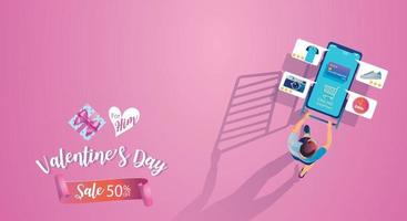 concepto de compra en línea del día de San Valentín, sitio web o aplicación de teléfono móvil, marketing y marketing digital. promoción smartphone, entrega rápida. vector ilustración de diseño plano compras las 24 horas