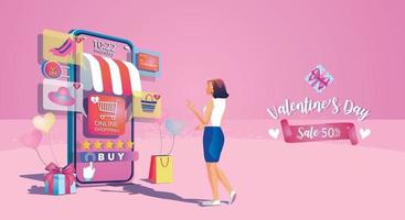 concepto de compra en línea del día de San Valentín, sitio web o aplicación de teléfono móvil, marketing y marketing digital. promoción smartphone, entrega rápida. vector ilustración de diseño plano compras las 24 horas