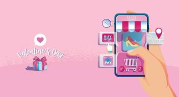 Valentine's day Online Shopping Concept, Website or Mobile phone Application, Marketing, and Digital marketing. promotion smartphone, fast delivery. Vector flat Design illustration 24-hour shopping