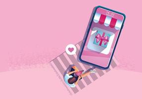 concepto de compra en línea del día de San Valentín, sitio web o aplicación de teléfono móvil, marketing y marketing digital. promoción smartphone, entrega rápida. vector ilustración de diseño plano compras las 24 horas