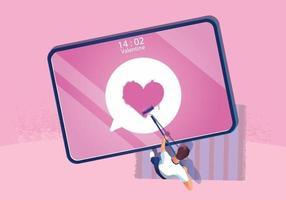 un hombre pinta el concepto del día de San Valentín de la tableta en pantalla del símbolo del corazón, el sitio web o la aplicación de teléfono móvil y el marketing digital. el teléfono inteligente de promoción de mensajes, diseño plano de vector de vista superior