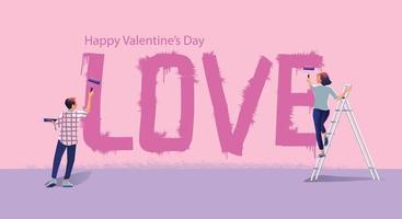 Young couple paints LOVE on the wall together, Happy Valentine's day Concept, Website or Mobile phone Application, and Digital marketing. The message promotion smartphone, top view Vector flat Design