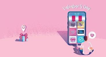 concepto de compra en línea del día de San Valentín, sitio web o aplicación de teléfono móvil, marketing y marketing digital. promoción smartphone, entrega rápida. vector ilustración de diseño plano compras las 24 horas