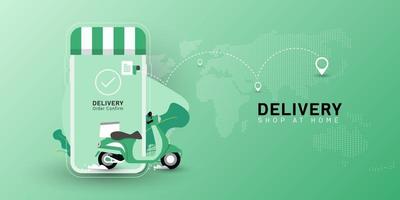 Delivery Shop at home with motorcycle transport on mobile. Online food order one click. Vector perspective map green background.