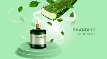 Cosmetics or skincare product. Bottle mockup and Aloe vera with green background. vector illustration.