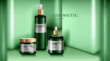 cosméticos o productos para el cuidado de la piel. maqueta de botella verde y fondo de pared verde. ilustración vectorial. vector