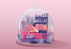 Young Woman. Working on laptop, reading a book. Staying at home Surrounded by books and plants. Miniature house. Stay home and stay safe with social distancing. Quarantine concept Vector Illustration