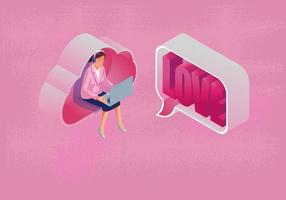 One Woman uses a laptop direct message Valentine's day Concept, with Cloud computing, Website or Mobile phone Application, The message promotion smartphone, romantic and cute, pink tone, Vector design