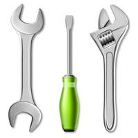 Realistic set of tools of master mechanic or plumber. 3d vector illustration of a wrench, adjustable wrench and screwdriver