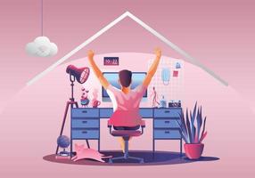 Work from home concept, Young man freelancers working on laptops at home. People at home in quarantine. Pink background Back view, Staying at home vector illustration. Flat Design character