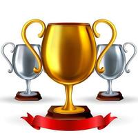 Set of realistic trophy cups. 3d vector illustration of gold and silver awards