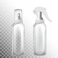 conjunto de botellas de spray realistas transparentes. Ilustración de vector 3D de botellas de cosméticos, antisépticos o detergentes