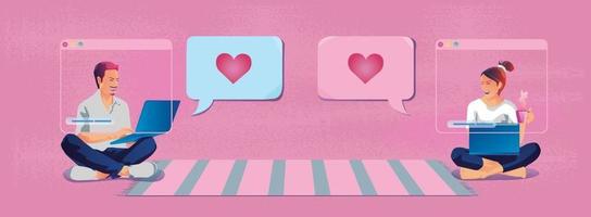 Young couple sending love messages heart-shaped Valentine's Day  This romantic and cute pink tone looks good for saying love, use smartphone or device screen vector flat design illustration.