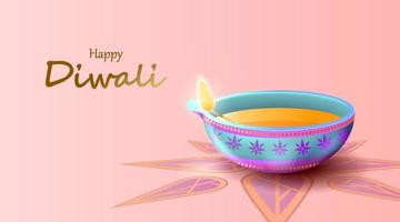 feliz festival de diwali con lámpara de aceite, tarjeta de felicitación de celebración de diwali, vector