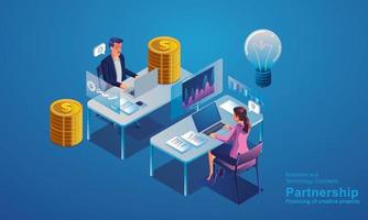 Data Analysis and Statistics concept. business analytics, Data visualization. Technology, Isometric Investors, and creative providers sit and discuss Providing customer, Flat vector illustration