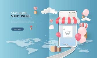 compras de arte en papel en línea en teléfonos inteligentes y promoción de venta de nueva compra fondo rosa para comercio electrónico de banner market. vector
