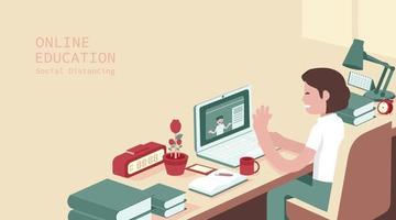 Student study at computer, Online examination, questionnaire in the internet, Vector illustration