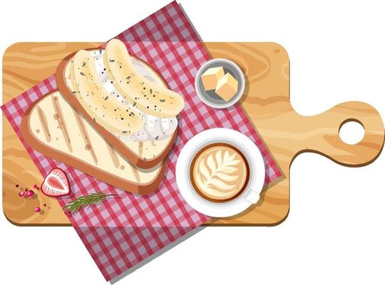 Top view of bread and coffee cup on a cutting board