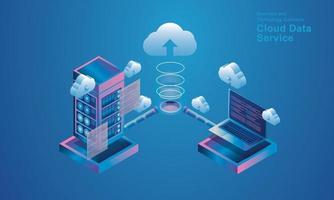 Computer technology server room digital device Isometric concept Cloud storage communication with the network Online devices uploads download information data in a database on cloud services vector