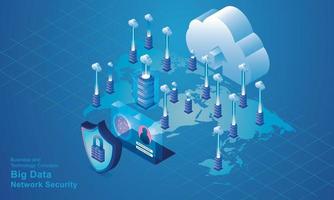 tecnología informática sala de servidores dispositivo digital concepto isométrico almacenamiento en la nube comunicación con la red dispositivos en línea cargas descargar datos de información en una base de datos en vector de servicios en la nube