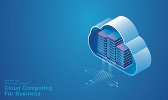 tecnología informática sala de servidores dispositivo digital concepto isométrico almacenamiento en la nube comunicación con la red dispositivos en línea cargas descargar datos de información en una base de datos en vector de servicios en la nube