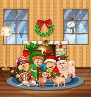 Christmas indoor scene with many children and cute dogs vector