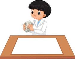 A boy wearing scientist gown with empty paper on the table vector