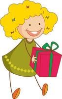 A doodle kid holding a gift box cartoon character isolated vector