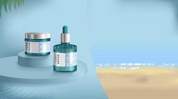 publicidad para cremas y spray solares. tubo cosmético y botella realista en la playa y el mar. plantilla de diseño de marca y embalaje. ilustración vectorial