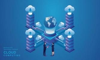 Computer technology server room digital device Isometric concept Cloud storage communication with the network Online devices uploads download information data in a database on cloud services vector