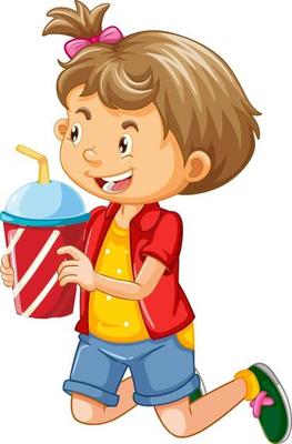 Happy girl cartoon character holding a drink plastic cup