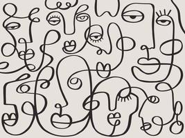 One line drawing abstract face abstract pattern. Modern minimalism art, aesthetic contour. Continuous line background with woman and man faces. Wall poster decor vector