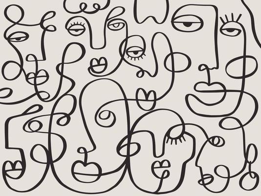 One line drawing abstract face abstract pattern. Modern minimalism art, aesthetic contour. Continuous line background with woman and man faces. Wall poster decor