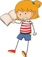 Little girl reading book doodle cartoon character vector