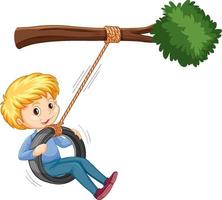 Boy playing tire swing under the branch on white background vector