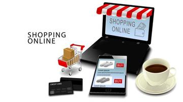 Online shopping concept, Smartphone and laptop with credit cards, Products on Cart with isolated white background vector