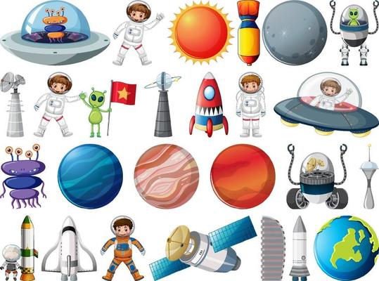 Set of space objects and elements isolated on white background